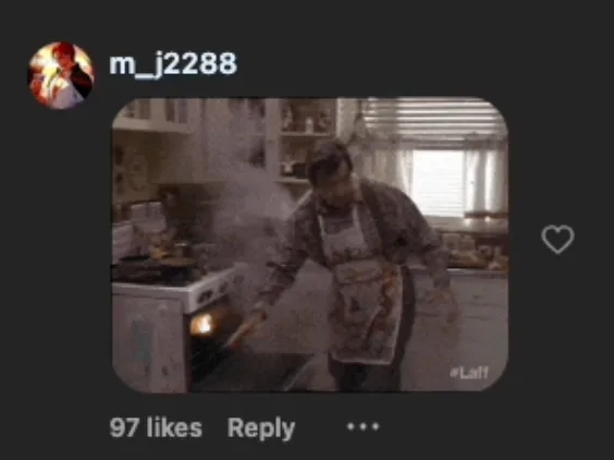Instagram comment with sitcom oven-and-smoke GIF