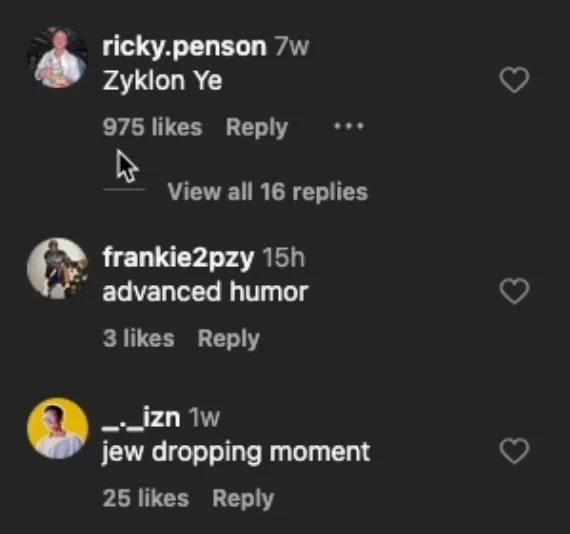 Instagram comments: Zyklon pun on a celebrity name, reply calling it advanced humor, jew/jaw pun