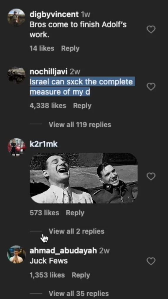 Thread with genocide glorification, slurs, and Nazi-uniform reaction GIF