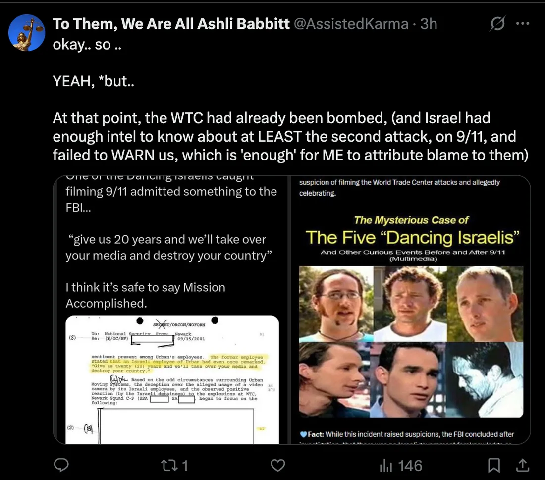 X post with document-style graphics tying 9/11 myths to media-control quotes