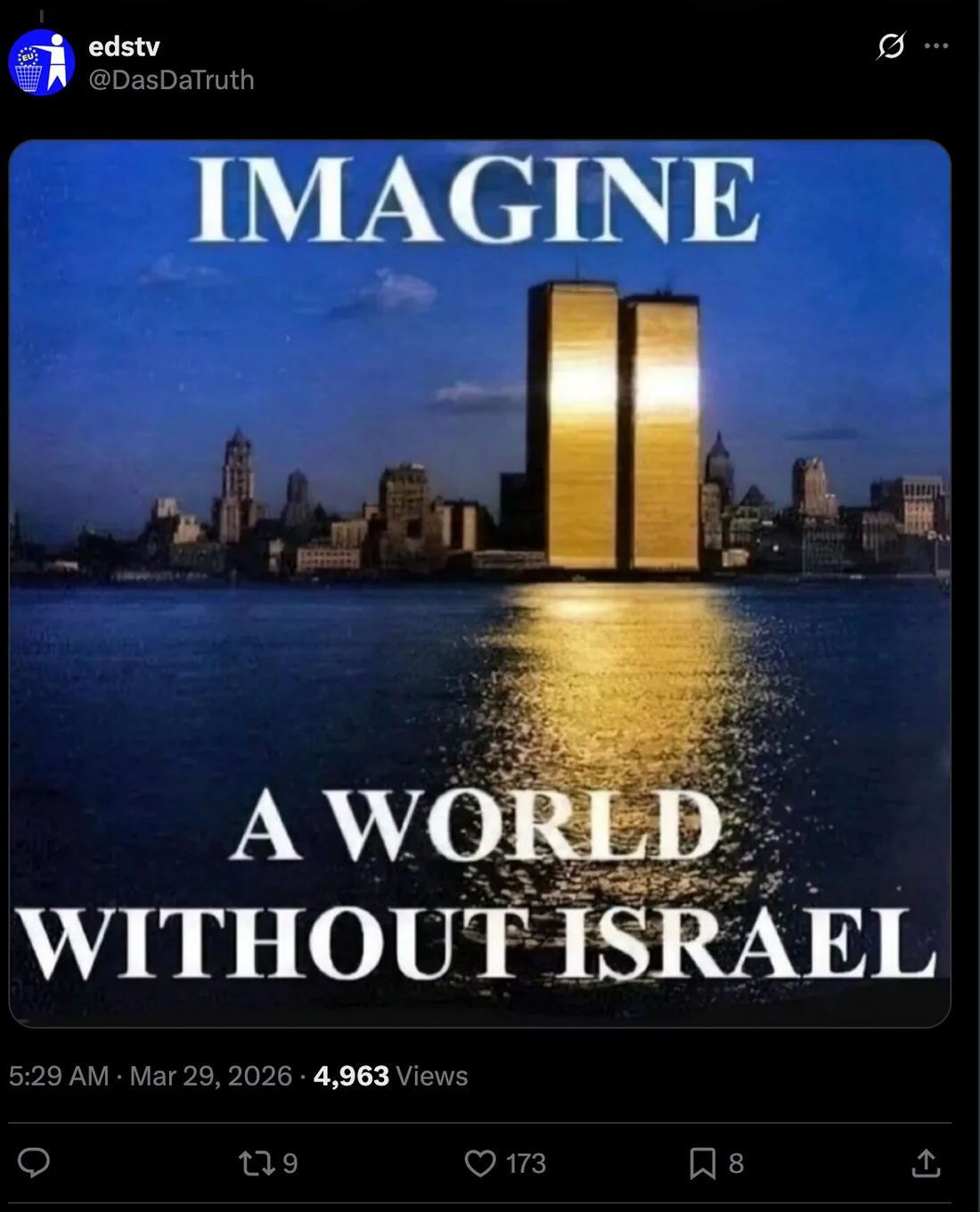 Twin Towers at night with text Imagine a world without Israel