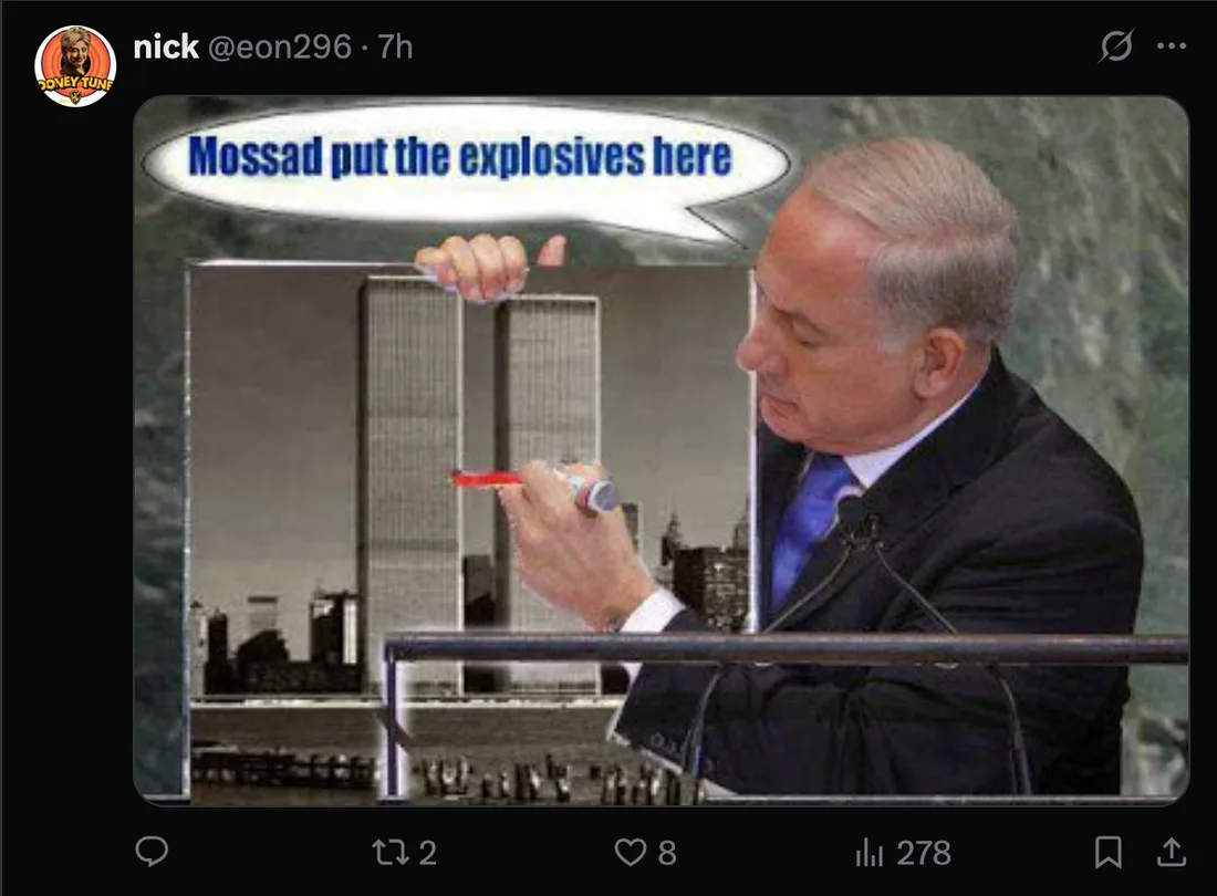 Edited UN bomb diagram with Twin Towers and Mossad explosives joke