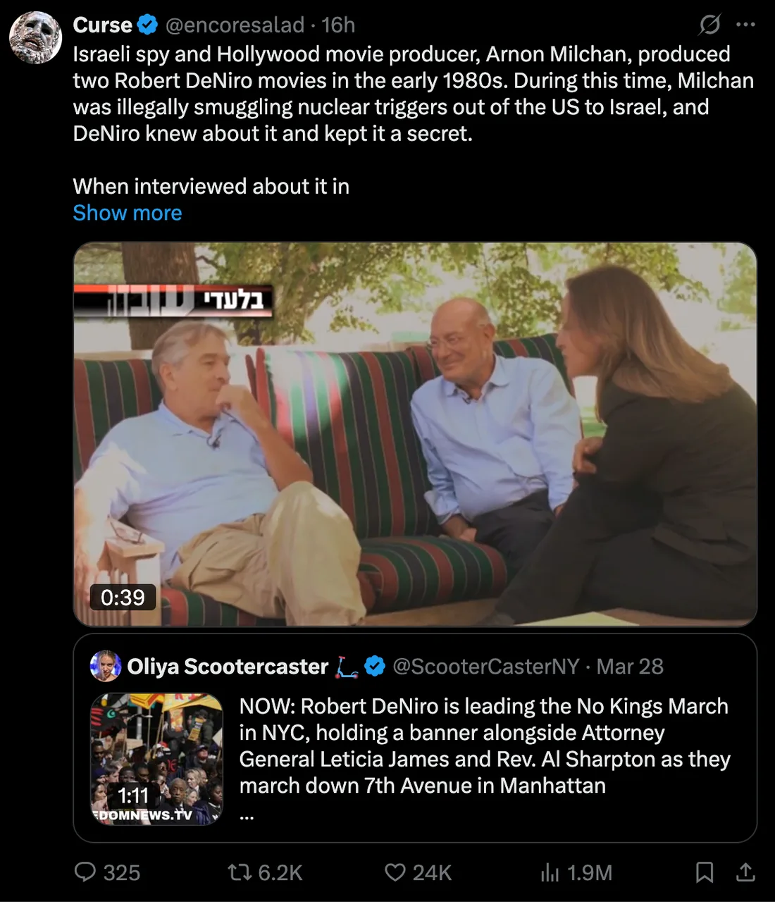 X post calling a producer an Israeli spy and tying De Niro to secrecy