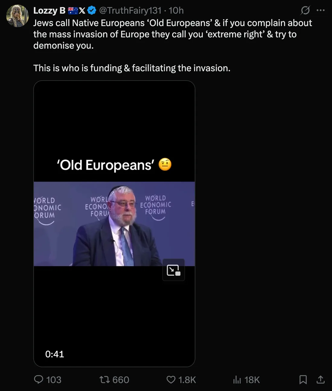 X post blaming Jews for European migration; still from World Economic Forum