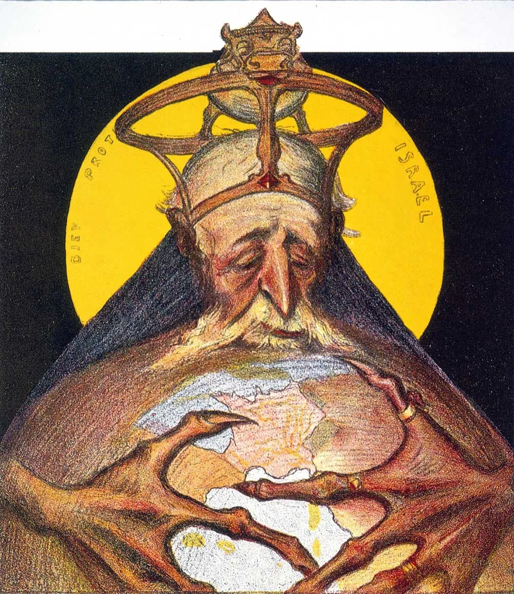 1898 antisemitic cartoon "Le roi Rothschild" showing a figure holding the world