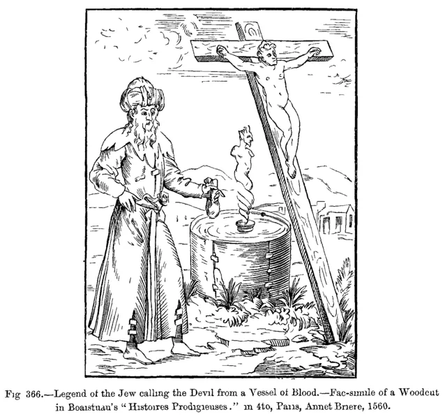 Early modern printed legend showing antisemitic blood-and-sorcery imagery