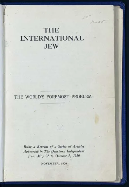 1920 book cover reprint of Henry Ford's "The International Jew" series from the Dearborn Independent